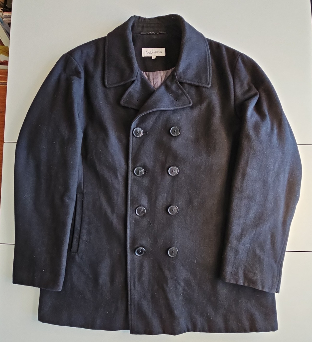 Calvin Klein Mens L Black Wool Blend Peacoat Double Breasted Quilted Lined Coat